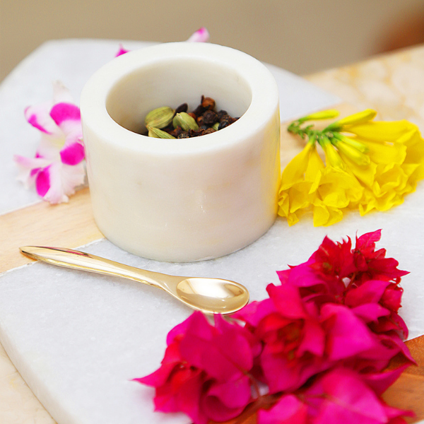 NikkisPride  White Marble Spice box with brass Spoon Set of 2